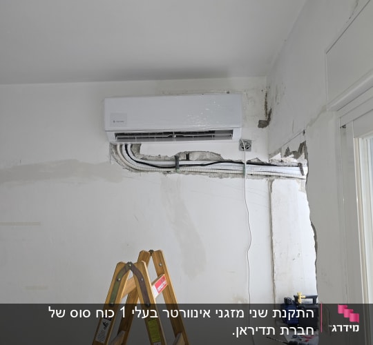 מזגן מותקן על קיר עם סולם וכלי עבודה